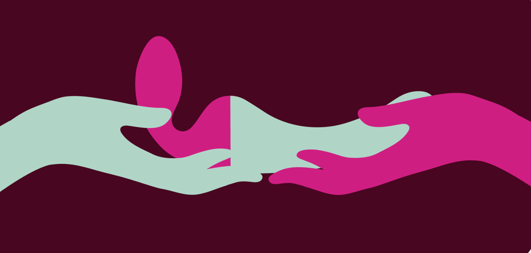 A graphic of two sapphics holding Banana Split Shops partner vibrator, the Split