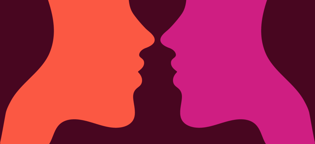 The silhouettes of two sapphic people with their lips close together