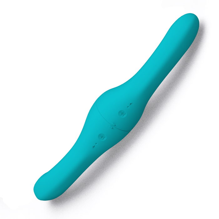 Rendering of our lesbian partner vibrator. The two blue Banana vibrators are connected together. The toy is oriented with the back side facing forward. It shows the vibrator buttons and the charging ports of both toys. 