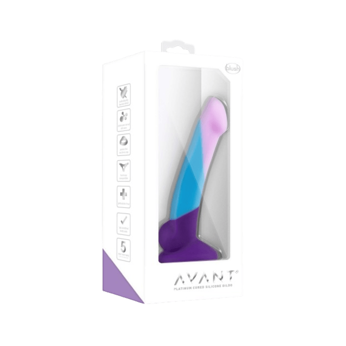 The Blush Avant Purple Haze D16 Silicone Dildo in the colors blue, lavender, and indigo in its packaging.