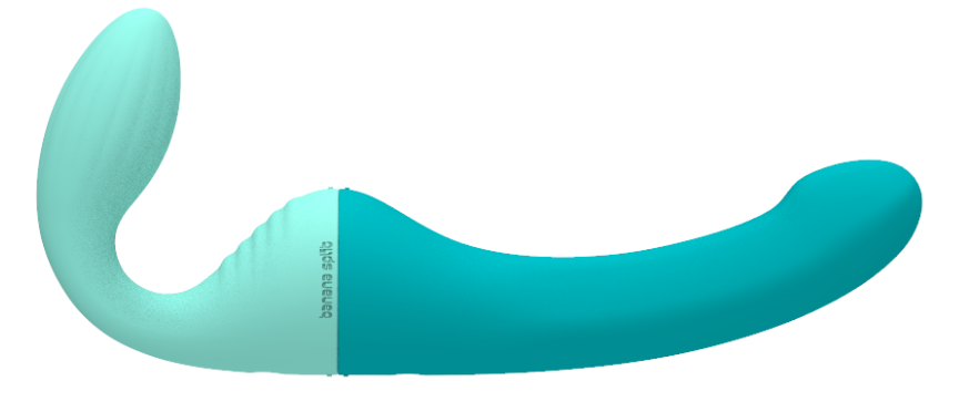 Rendering of the Banana Split modular sapphic partner vibrator, the Split. 