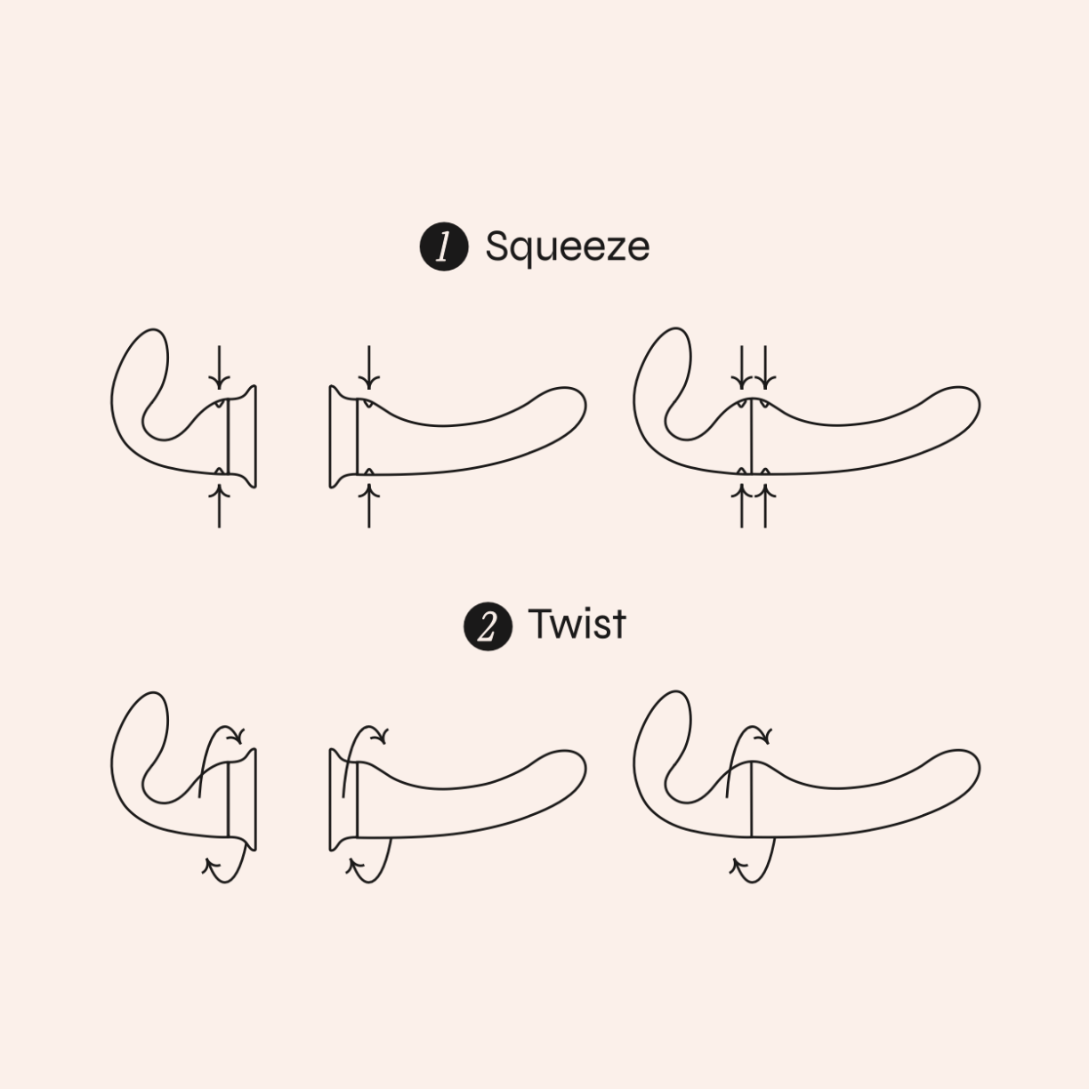 Illustration shows how to disconnect Banana Split toys to one another via our coupling mechanism. Text says "1 Squeeze" and shows a Dollop + suction cup, a Banana + suction cup, and a Split set, all connected from each other with arrows demonstrating compression. Second line of text says, "2 Twist" and shows a Dollop + suction cup, a Banana + suction cup, and a Split set, all connected to each other and arrows showing the rotation motion used to disconnect the toys. 
