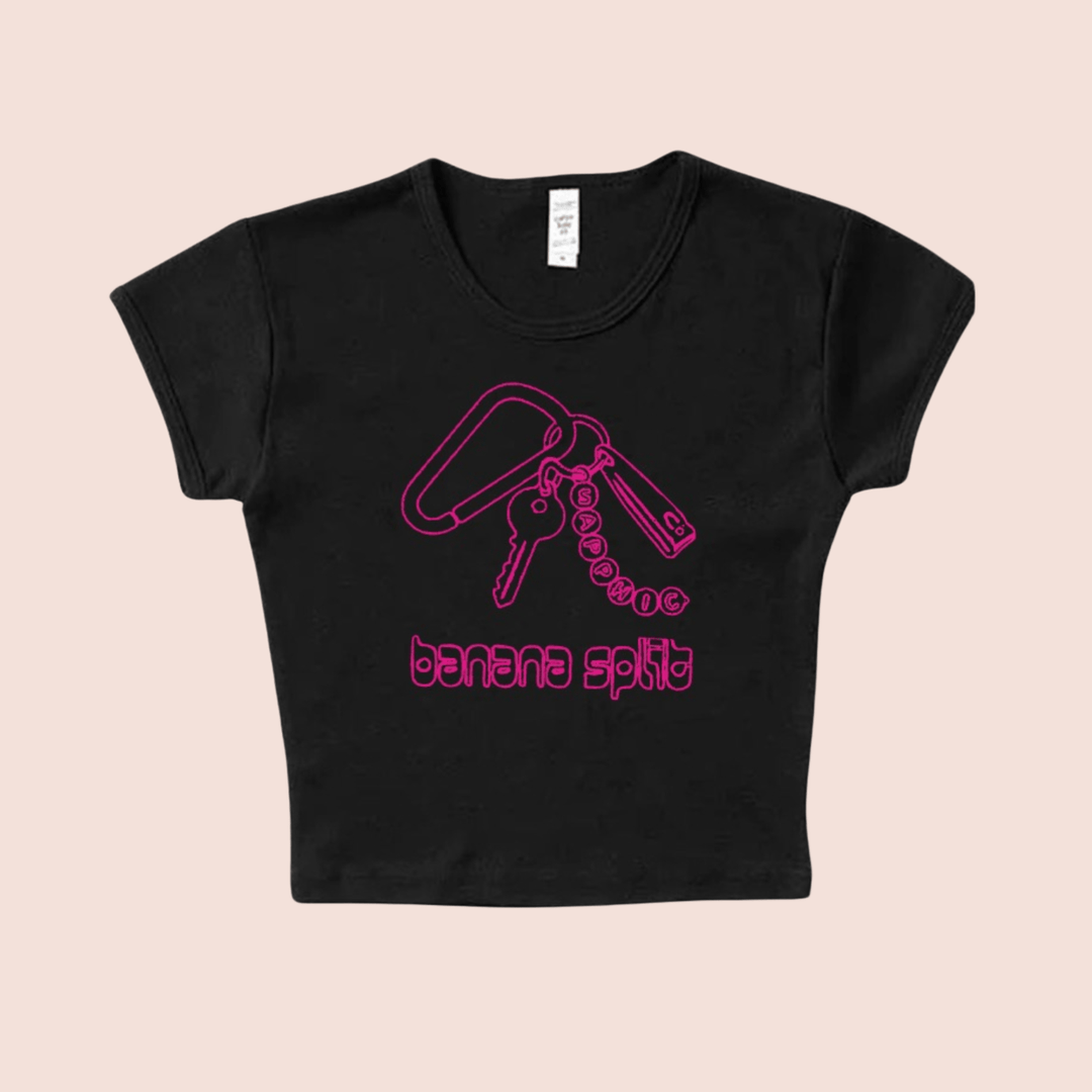 Banana Split Tee in black with pink graphic of a carabiner holding keys, nail clippers, and a keychain that says "sapphic."
