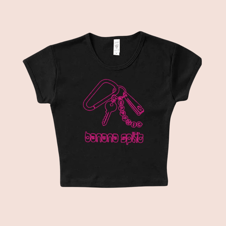 Banana Split Tee in black with pink graphic of a carabiner holding keys, nail clippers, and a keychain that says "sapphic."