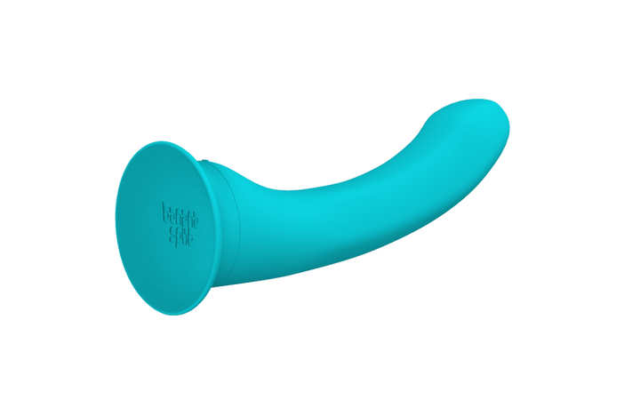 Rendering of the blue Banana vibrator showing the bottom of the suction cup which has the Banana Split logo de-bossed in it.