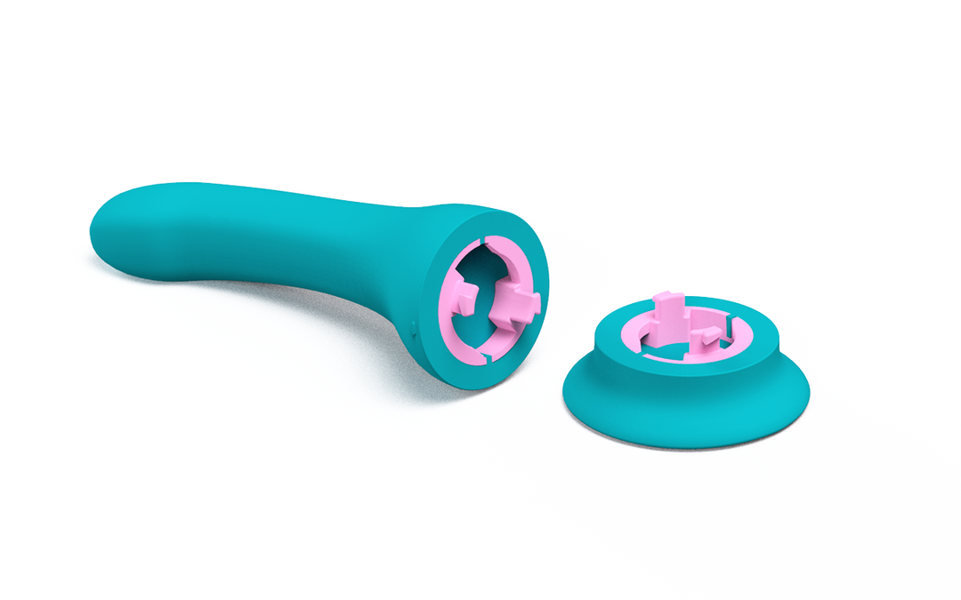 Rendering of the blue Banana vibrator and the suction cup base detached showing the pink coupling mechanism. 