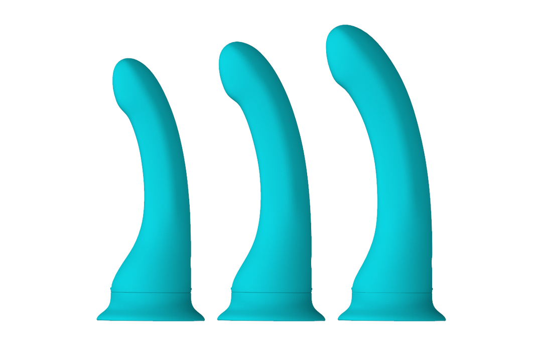 Renderings of three blue Banana vibrators connected to the suction cup bases. The rendering shows the small, medium, and large sizes of the Banana.