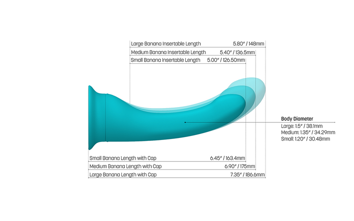 The blue Banana vibrator showing the three different sizes overlayed over each other. There is a size guide showing the insertable length, body diameter, and full length with cap of all three sizes. 