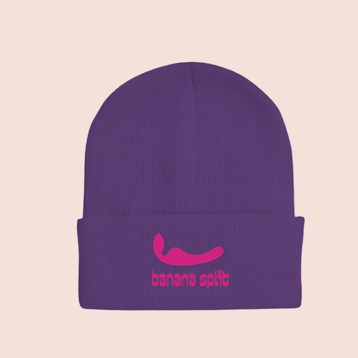 Purple Beanie with Pink Banana Split Logo and Silhouette of our Lesbian Partner Vibrator, The Split