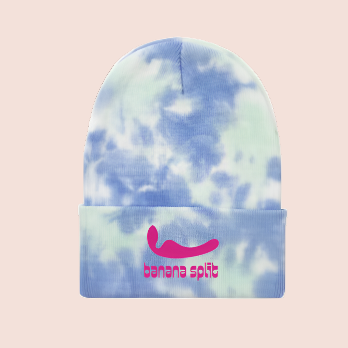 Blue and Light Mint Tie Dye Beanie with Pink Banana Split Logo and Silhouette of our Lesbian Partner Vibrator, The Split