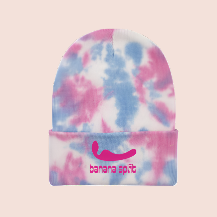 Pink and Blue Tie Dye Beanie with Pink Banana Split Logo and Silhouette of our Lesbian Partner Vibrator, The Split