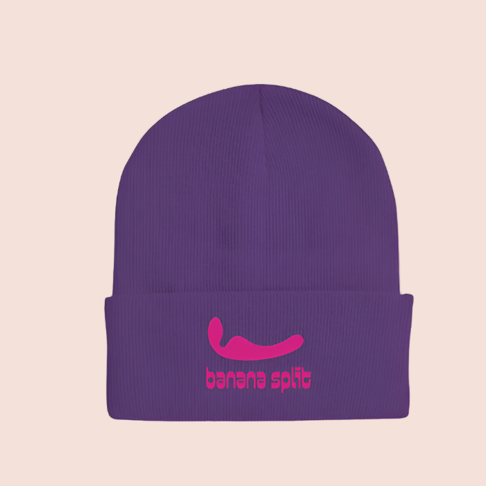 Purple Beanie with Pink Banana Split Logo and Silhouette of our Lesbian Partner Vibrator, The Split