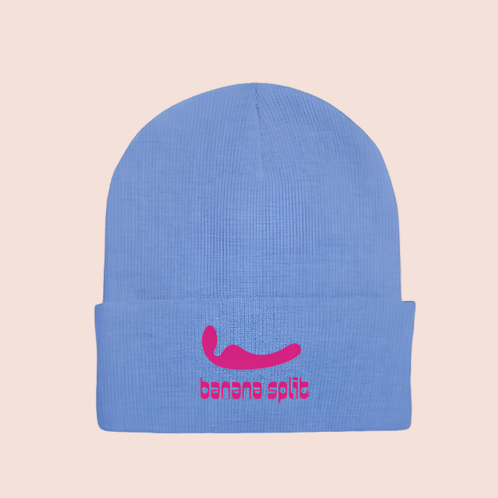 Blue Beanie with Pink Banana Split Logo and Silhouette of our Lesbian Partner Vibrator, The Split