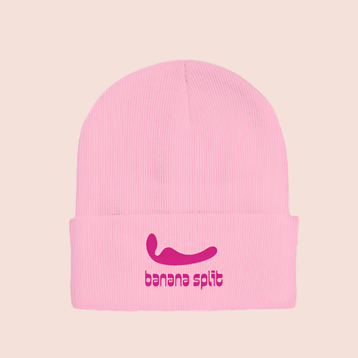 Pink Beanie with Pink Banana Split Logo and Silhouette of our Lesbian Partner Vibrator, The Split