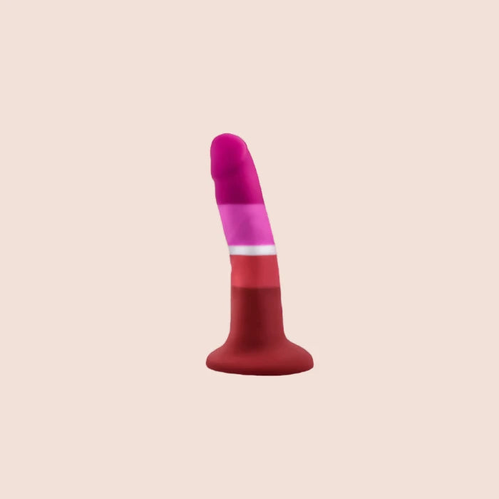 Blush Avant Pride Dildo in the colors of the lesbian pride flag. 