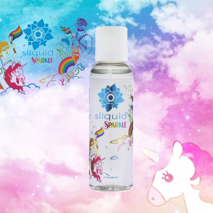 Image of a bottle of Sparkle Lubricant from Sliquid Naturals on a tie-dye rainbow backdrop.