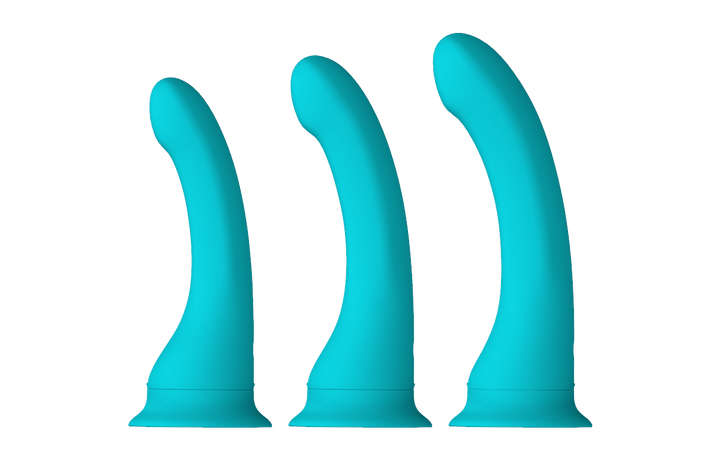 Rendering of three Banana teal vibrating dildos in sizes small, medium, and large for size comparison.