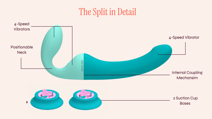 Diagram titled "The Split in Detail" showing Banana Split’s teal double-ended vibrator with labeled features. Left side: "4-Speed Vibrators" and "Positionable Neck." Center label: ‘"nternal Coupling Mechanism." Right side: "4-Speed Vibrator." Below are two detached labeled parts: "2 Suction Cup Bases." The design highlights the toy’s modular, connectable structure.