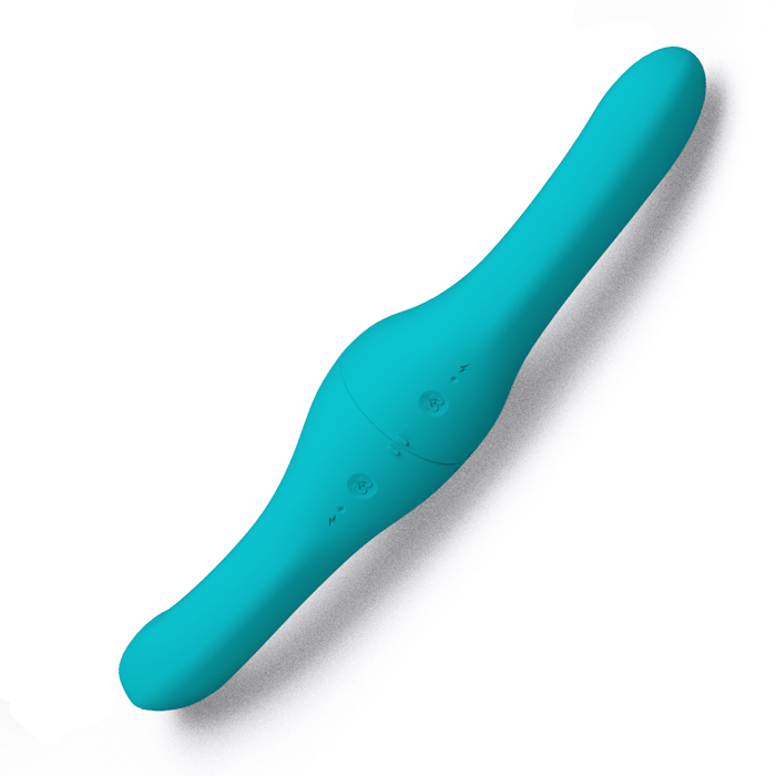 Rendering showing the underside of the Bananarama blue modular partner vibrator set, composed of two Banana vibrators.