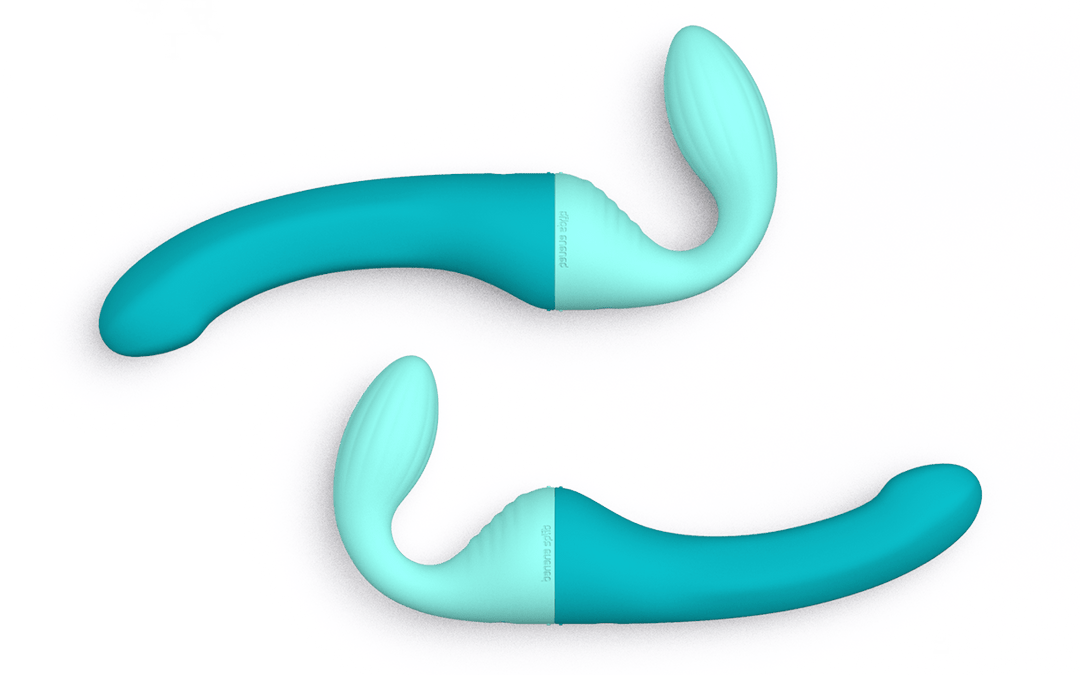 Rendering of 2 Split blue and mint modular partner vibrator sets, one attached facing up and one attached facing down