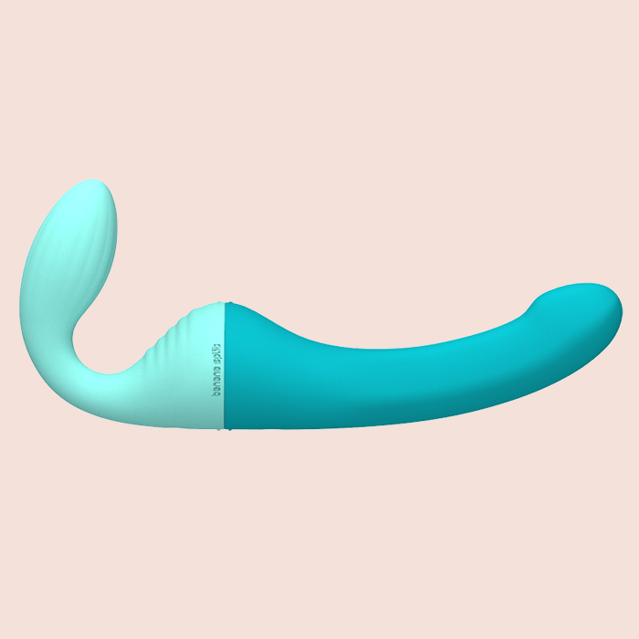 Rendering of the Split blue and mint modular partner vibrator set composed of one Dollop vibrator and one Banana vibrator.